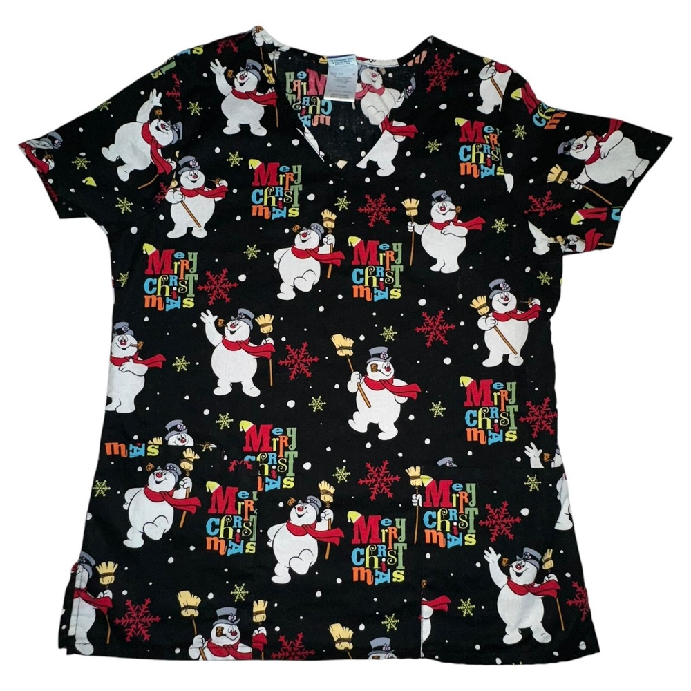 Frosty‎ The Snowman Scrub Top Womans Size Small Snowflakes Merry Christmas Black
